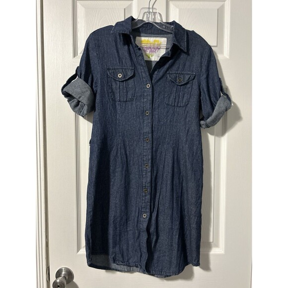 Derek Heart Roll Tab Sleeve Button Down Denim Shirt Dress Juniors Size Medium - Picture 1 of 8